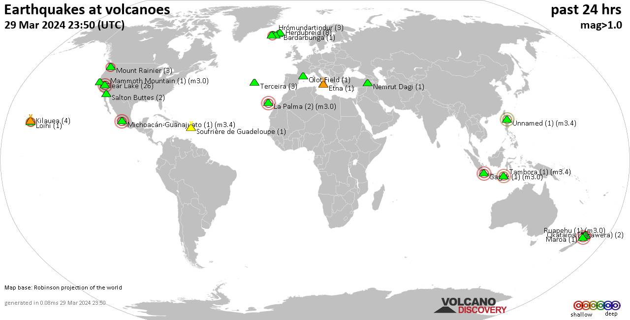 World map showing volcanoes with shallow (less than 50 km) earthquakes within 20 km radius  during the past 24 hours on 29 Mar 2024 Number in brackets indicate nr of quakes.