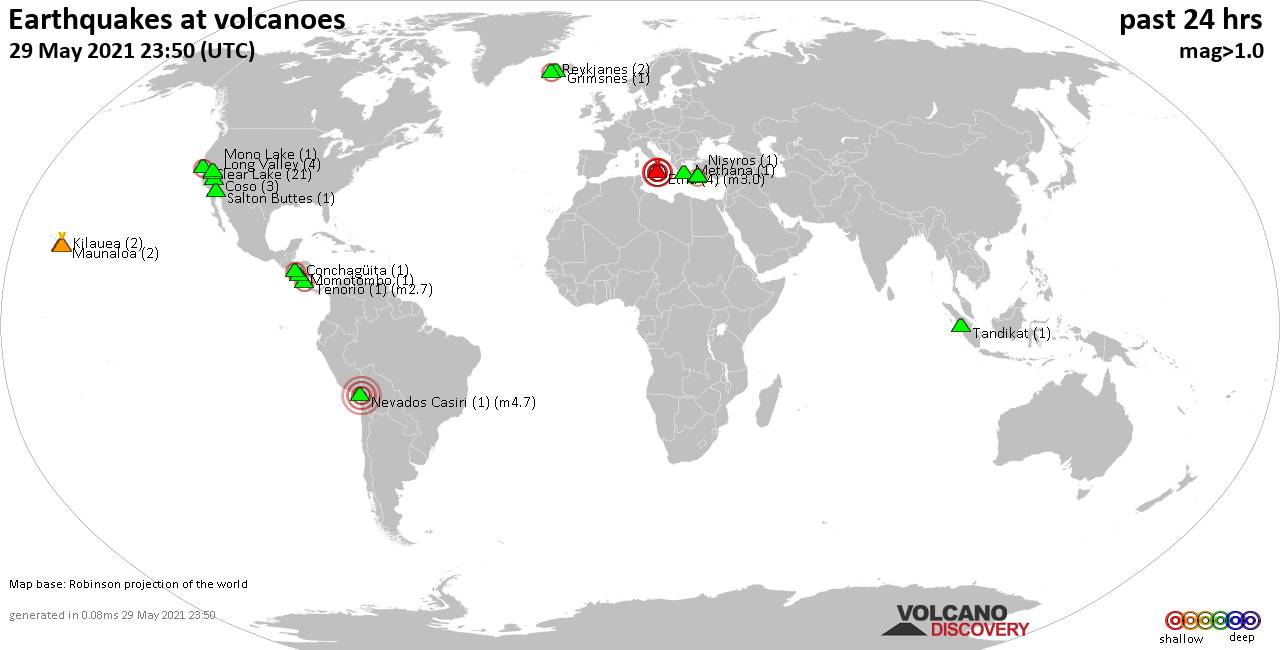 World map showing volcanoes with shallow (less than 20 km) earthquakes within 20 km radius  during the past 24 hours on 29 May 2021 Number in brackets indicate nr of quakes.