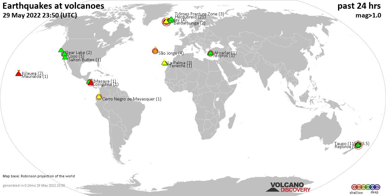 World map showing volcanoes with shallow (less than 50 km) earthquakes within 20 km radius  during the past 24 hours on 29 May 2022 Number in brackets indicate nr of quakes.