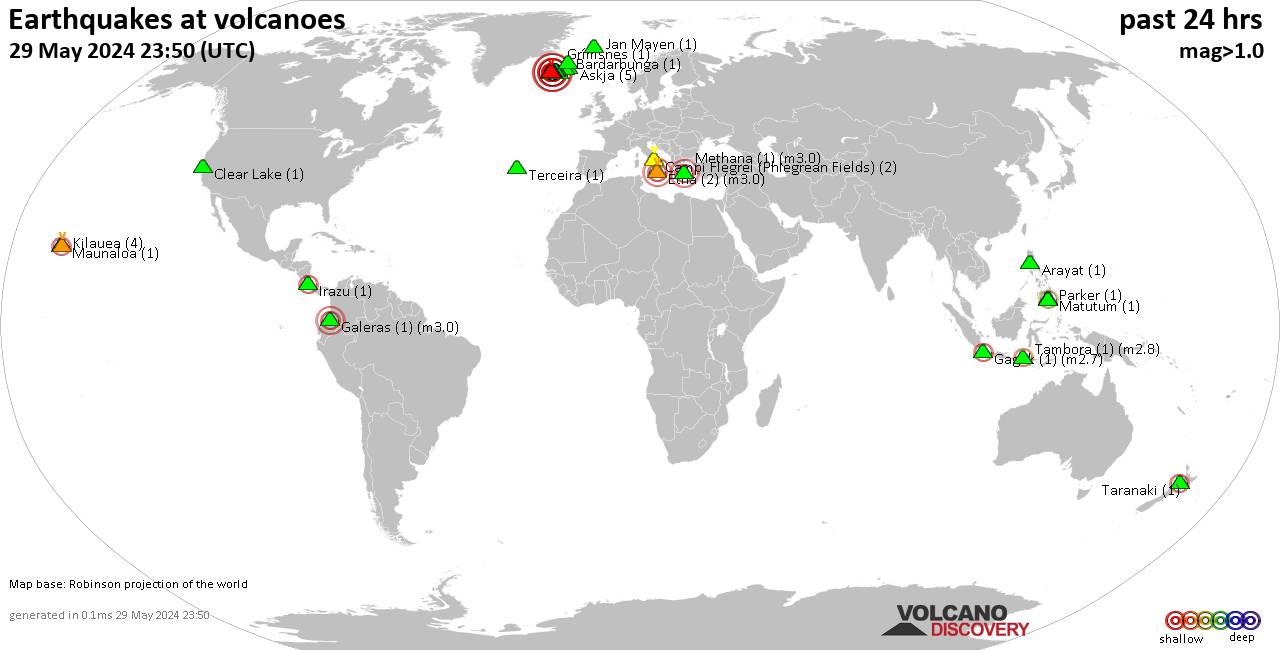 World map showing volcanoes with shallow (less than 50 km) earthquakes within 20 km radius  during the past 24 hours on 29 May 2024 Number in brackets indicate nr of quakes.
