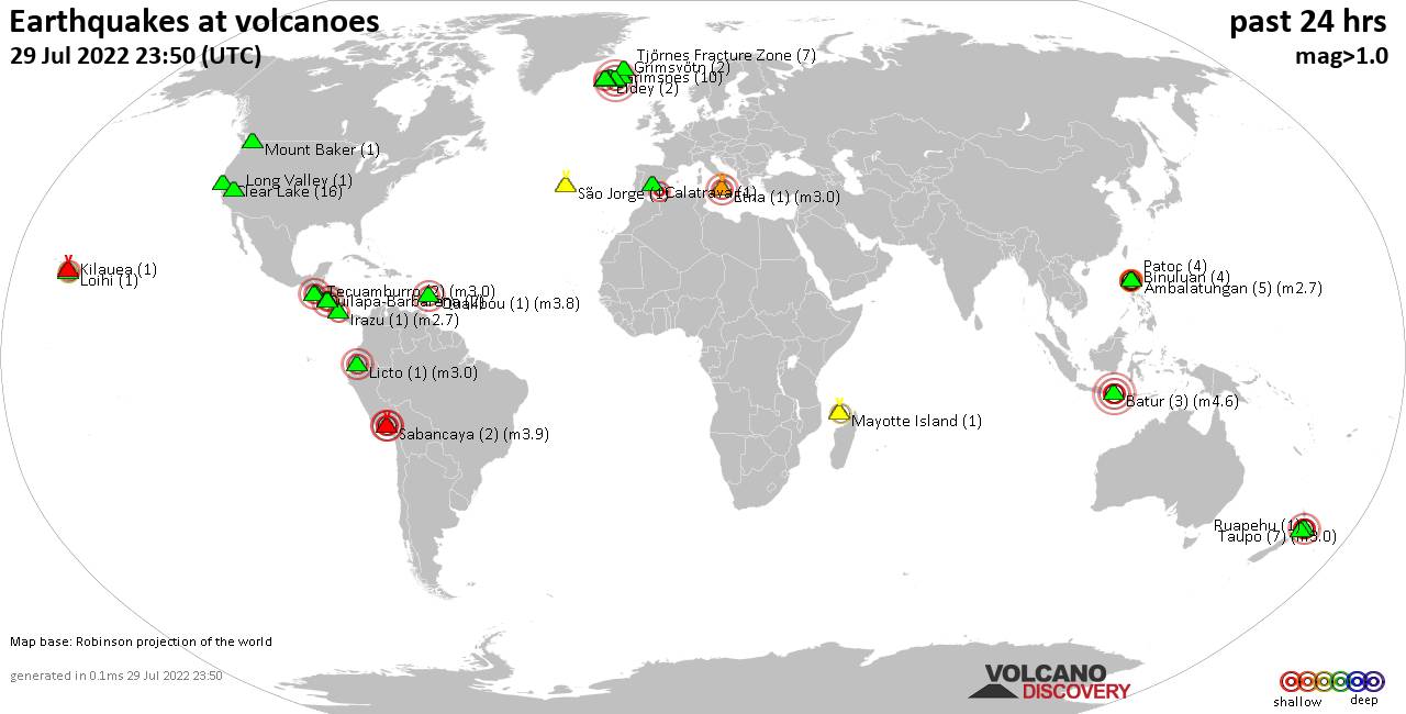 World map showing volcanoes with shallow (less than 50 km) earthquakes within 20 km radius  during the past 24 hours on 29 Jul 2022 Number in brackets indicate nr of quakes.