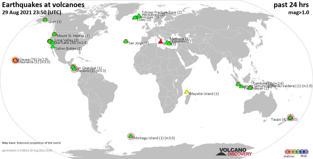 World map showing volcanoes with shallow (less than 20 km) earthquakes within 20 km radius  during the past 24 hours on 29 Aug 2021 Number in brackets indicate nr of quakes.
