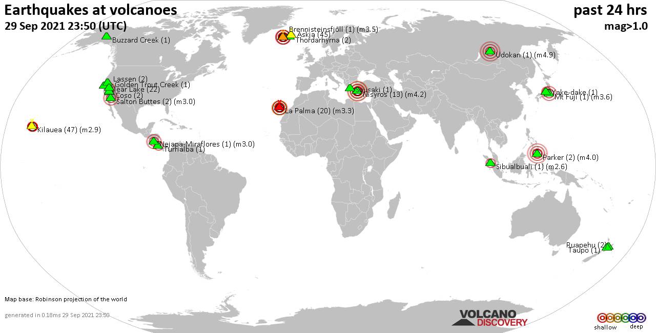 World map showing volcanoes with shallow (less than 20 km) earthquakes within 20 km radius  during the past 24 hours on 29 Sep 2021 Number in brackets indicate nr of quakes.