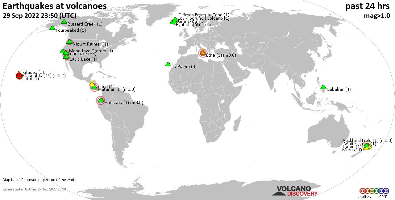 World map showing volcanoes with shallow (less than 50 km) earthquakes within 20 km radius  during the past 24 hours on 29 Sep 2022 Number in brackets indicate nr of quakes.