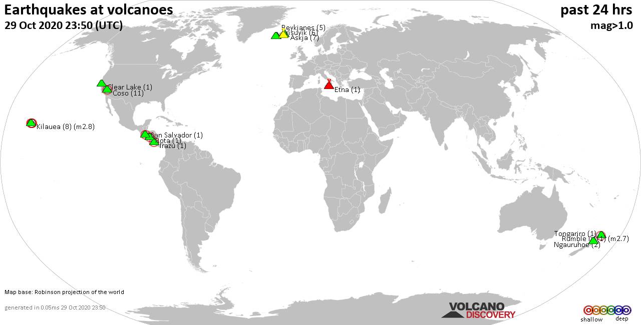 World map showing volcanoes with shallow (less than 20 km) earthquakes within 20 km radius  during the past 24 hours on 29 Oct 2020 Number in brackets indicate nr of quakes.