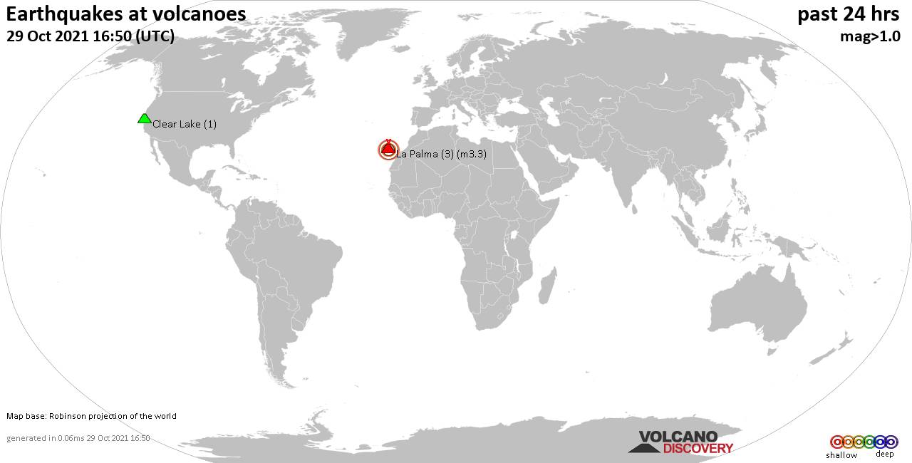 World map showing volcanoes with shallow (less than 20 km) earthquakes within 20 km radius  during the past 24 hours on 29 Oct 2021 Number in brackets indicate nr of quakes.