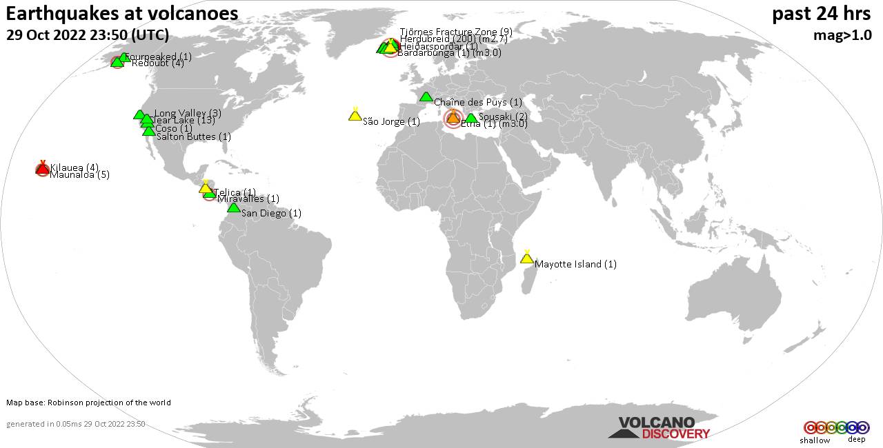 World map showing volcanoes with shallow (less than 50 km) earthquakes within 20 km radius  during the past 24 hours on 29 Oct 2022 Number in brackets indicate nr of quakes.