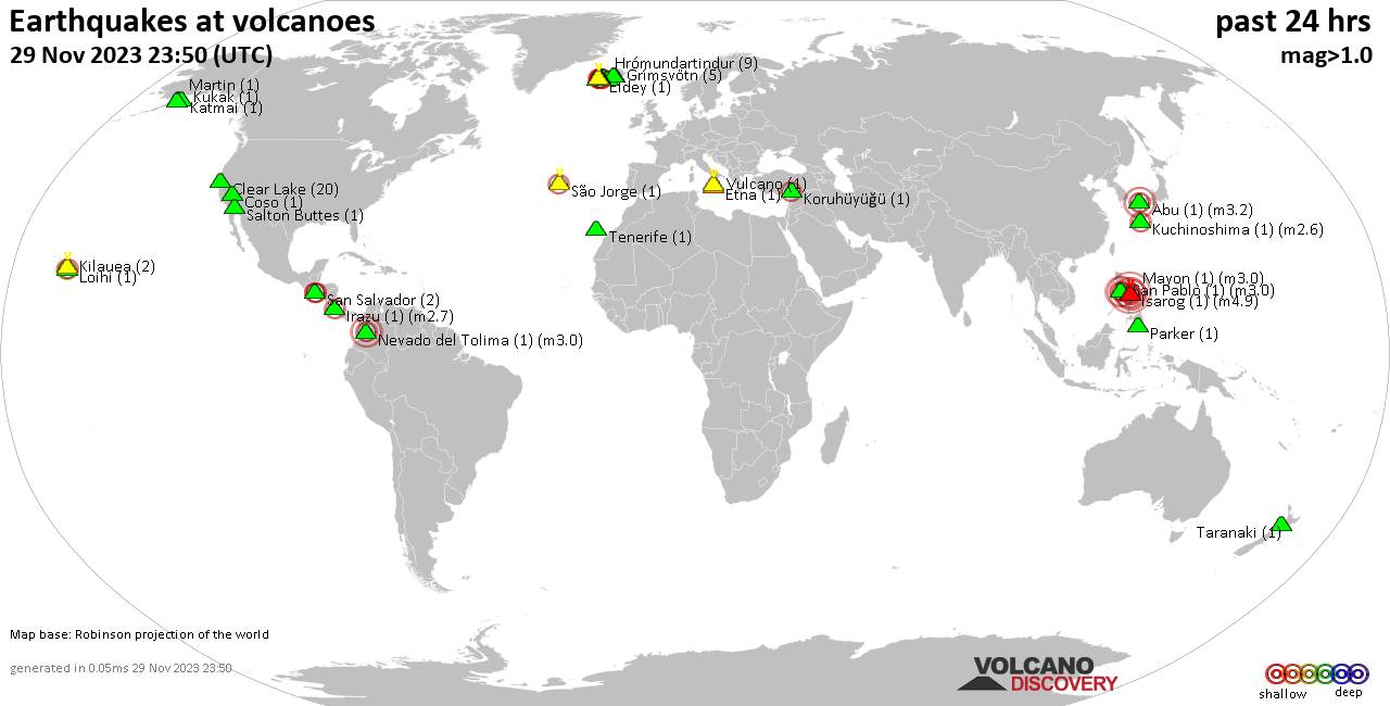 World map showing volcanoes with shallow (less than 50 km) earthquakes within 20 km radius  during the past 24 hours on 29 Nov 2023 Number in brackets indicate nr of quakes.