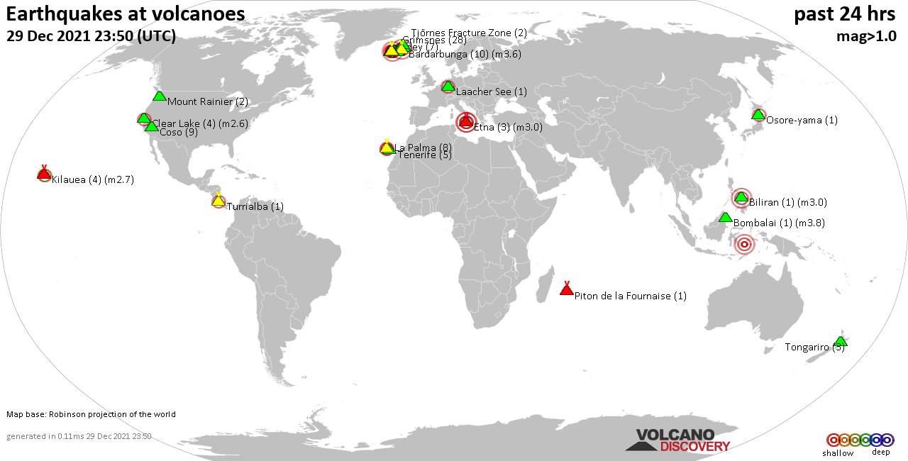 World map showing volcanoes with shallow (less than 50 km) earthquakes within 20 km radius  during the past 24 hours on 29 Dec 2021 Number in brackets indicate nr of quakes.