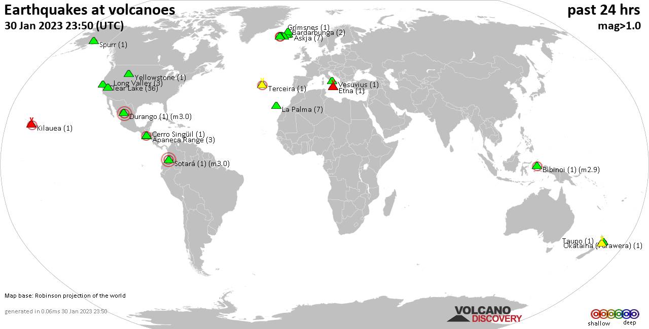 World map showing volcanoes with shallow (less than 50 km) earthquakes within 20 km radius  during the past 24 hours on 30 Jan 2023 Number in brackets indicate nr of quakes.