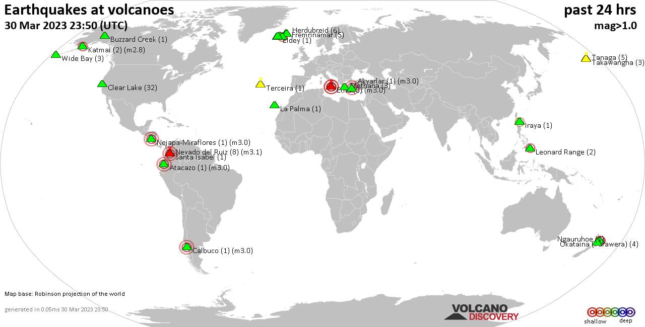 World map showing volcanoes with shallow (less than 50 km) earthquakes within 20 km radius  during the past 24 hours on 30 Mar 2023 Number in brackets indicate nr of quakes.