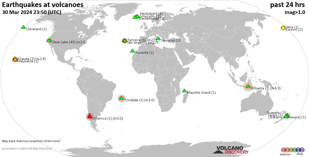 World map showing volcanoes with shallow (less than 50 km) earthquakes within 20 km radius  during the past 24 hours on 30 Mar 2024 Number in brackets indicate nr of quakes.