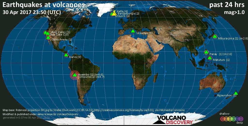 World map showing volcanoes with shallow (less than 20 km) earthquakes within 20 km radius  during the past 24 hours on 30 Apr 2017 Number in brackets indicate nr of quakes.