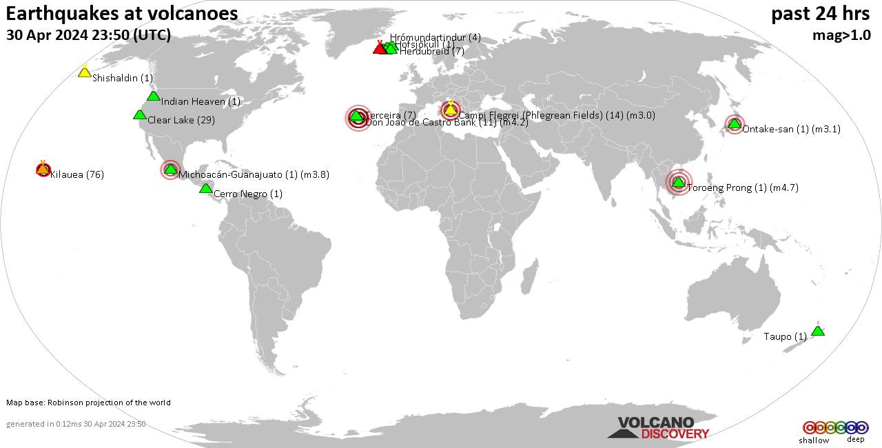 World map showing volcanoes with shallow (less than 50 km) earthquakes within 20 km radius  during the past 24 hours on 30 Apr 2024 Number in brackets indicate nr of quakes.