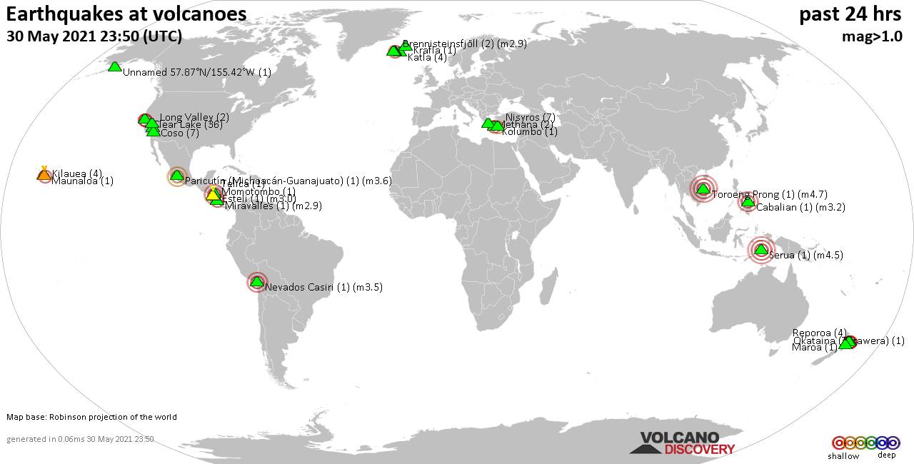 World map showing volcanoes with shallow (less than 20 km) earthquakes within 20 km radius  during the past 24 hours on 30 May 2021 Number in brackets indicate nr of quakes.