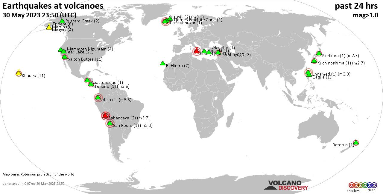 World map showing volcanoes with shallow (less than 50 km) earthquakes within 20 km radius  during the past 24 hours on 30 May 2023 Number in brackets indicate nr of quakes.