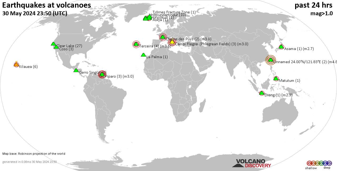 World map showing volcanoes with shallow (less than 50 km) earthquakes within 20 km radius  during the past 24 hours on 30 May 2024 Number in brackets indicate nr of quakes.
