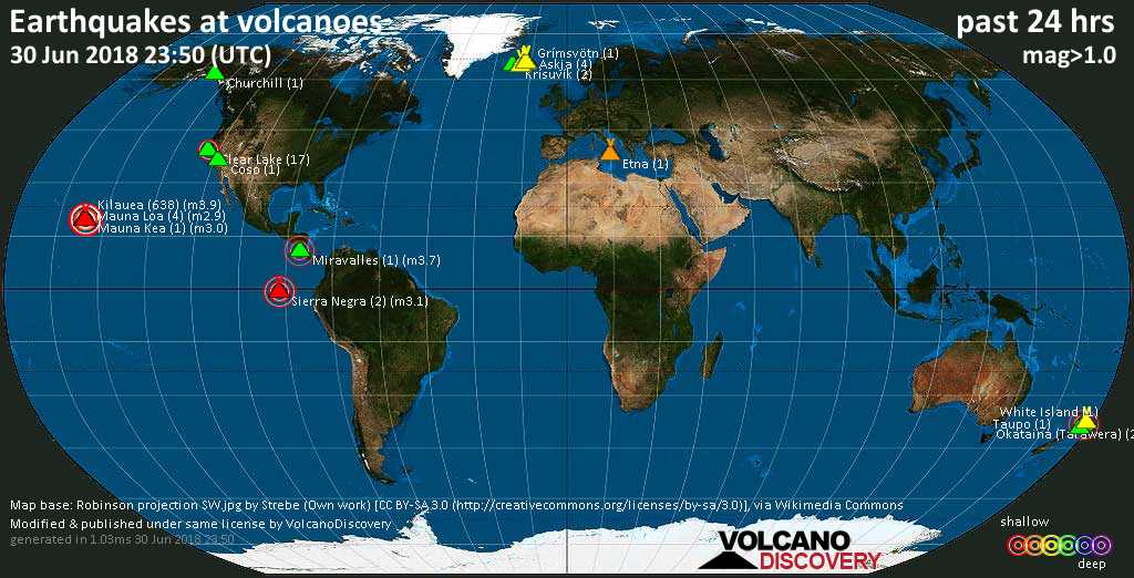 World map showing volcanoes with shallow (less than 20 km) earthquakes within 20 km radius  during the past 24 hours on 30 Jun 2018 Number in brackets indicate nr of quakes.