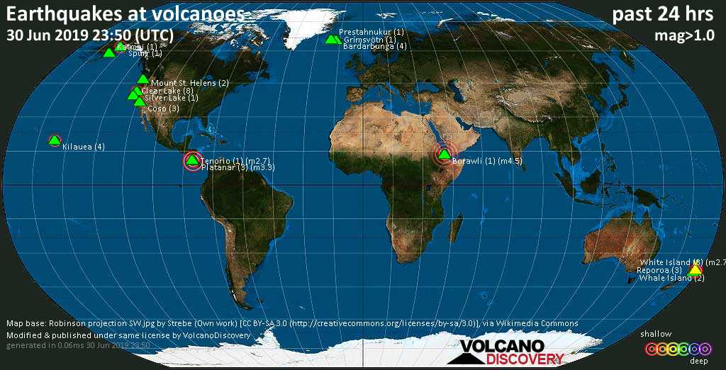 World map showing volcanoes with shallow (less than 20 km) earthquakes within 20 km radius  during the past 24 hours on 30 Jun 2019 Number in brackets indicate nr of quakes.