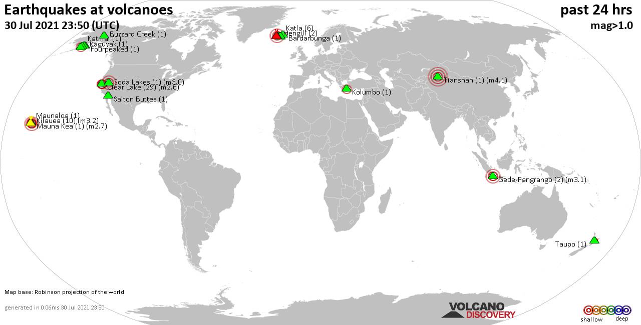 World map showing volcanoes with shallow (less than 20 km) earthquakes within 20 km radius  during the past 24 hours on 30 Jul 2021 Number in brackets indicate nr of quakes.