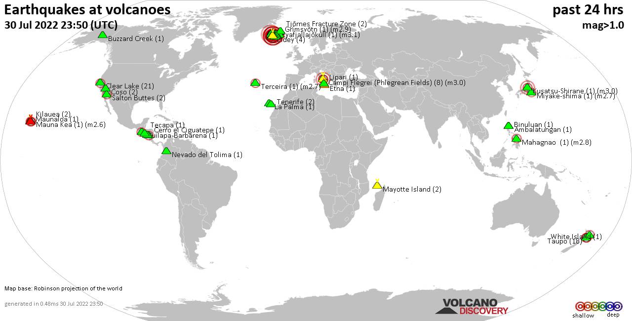 World map showing volcanoes with shallow (less than 50 km) earthquakes within 20 km radius  during the past 24 hours on 30 Jul 2022 Number in brackets indicate nr of quakes.