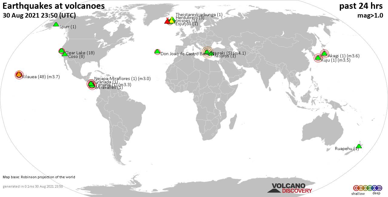 World map showing volcanoes with shallow (less than 20 km) earthquakes within 20 km radius  during the past 24 hours on 30 Aug 2021 Number in brackets indicate nr of quakes.