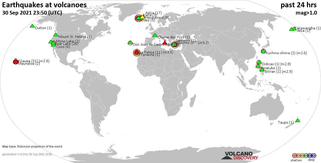 World map showing volcanoes with shallow (less than 20 km) earthquakes within 20 km radius  during the past 24 hours on 30 Sep 2021 Number in brackets indicate nr of quakes.
