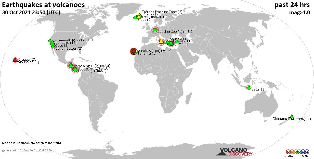 World map showing volcanoes with shallow (less than 20 km) earthquakes within 20 km radius  during the past 24 hours on 30 Oct 2021 Number in brackets indicate nr of quakes.