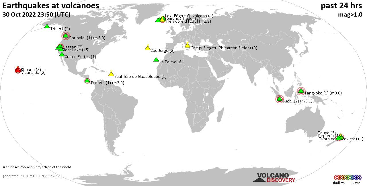 World map showing volcanoes with shallow (less than 50 km) earthquakes within 20 km radius  during the past 24 hours on 30 Oct 2022 Number in brackets indicate nr of quakes.