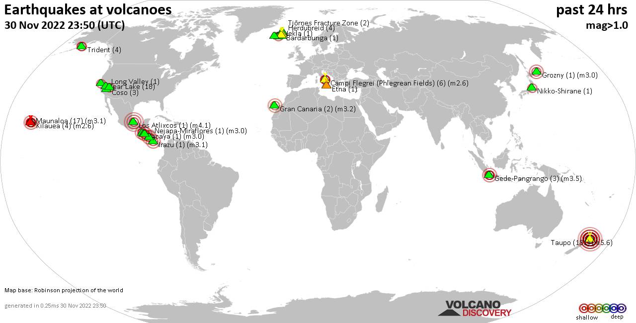 World map showing volcanoes with shallow (less than 50 km) earthquakes within 20 km radius  during the past 24 hours on 30 Nov 2022 Number in brackets indicate nr of quakes.