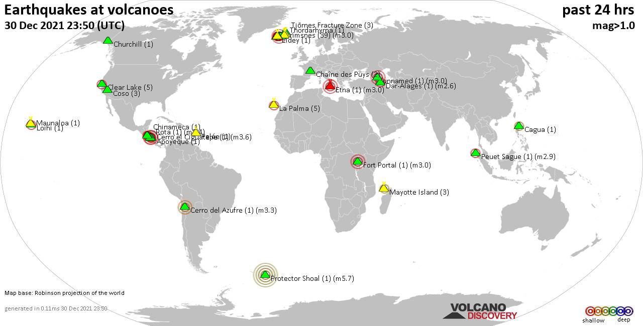World map showing volcanoes with shallow (less than 50 km) earthquakes within 20 km radius  during the past 24 hours on 30 Dec 2021 Number in brackets indicate nr of quakes.