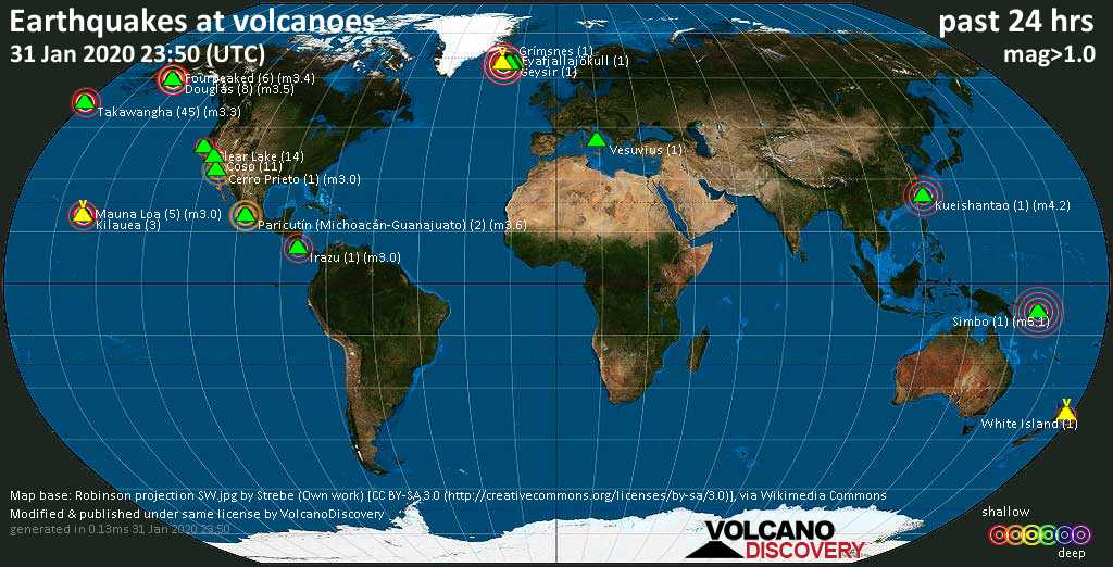 World map showing volcanoes with shallow (less than 20 km) earthquakes within 20 km radius  during the past 24 hours on 31 Jan 2020 Number in brackets indicate nr of quakes.
