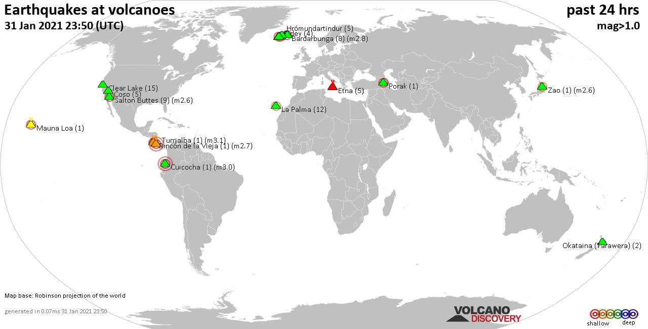 World map showing volcanoes with shallow (less than 20 km) earthquakes within 20 km radius  during the past 24 hours on 31 Jan 2021 Number in brackets indicate nr of quakes.