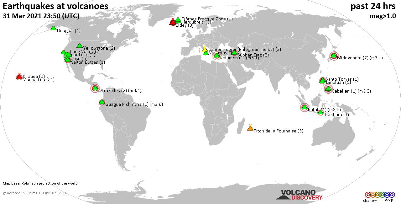World map showing volcanoes with shallow (less than 20 km) earthquakes within 20 km radius  during the past 24 hours on 31 Mar 2021 Number in brackets indicate nr of quakes.