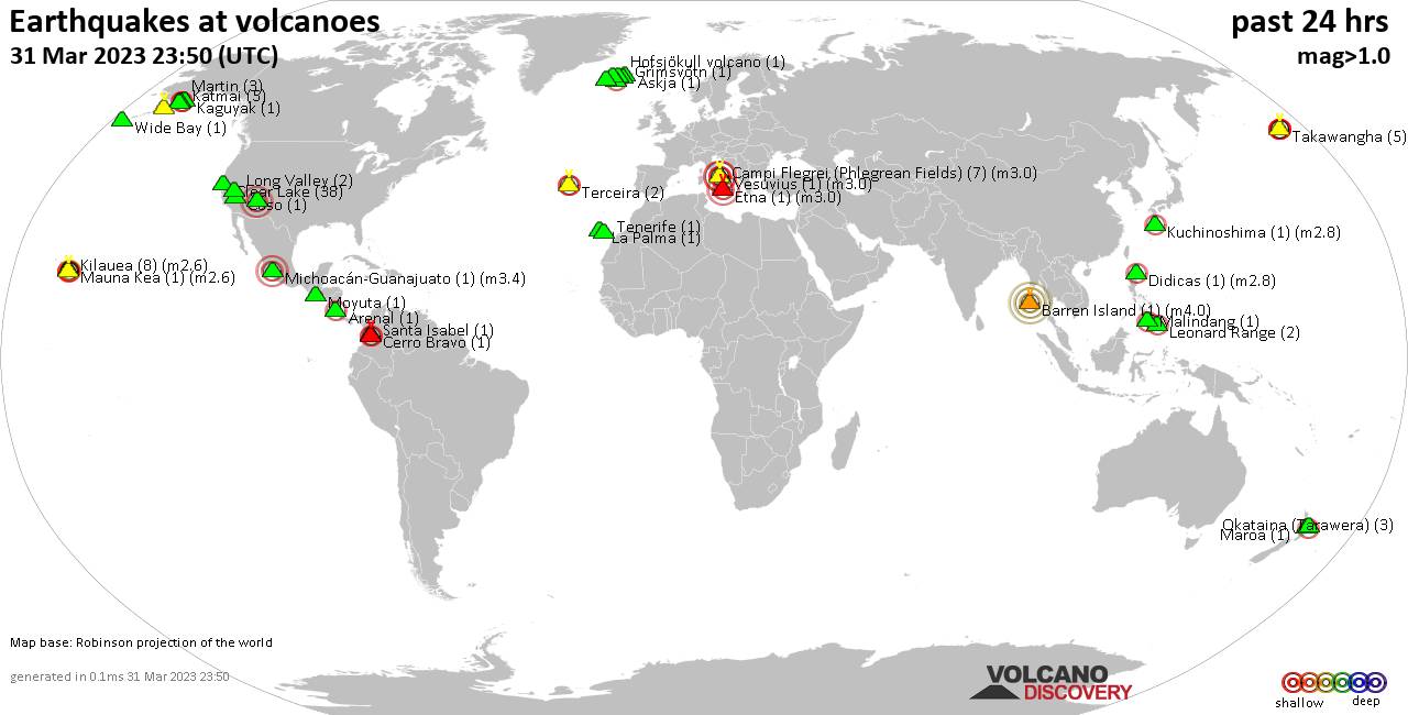World map showing volcanoes with shallow (less than 50 km) earthquakes within 20 km radius  during the past 24 hours on 31 Mar 2023 Number in brackets indicate nr of quakes.