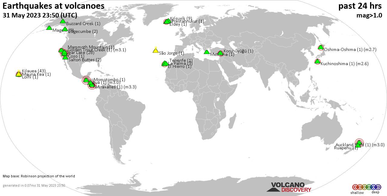 World map showing volcanoes with shallow (less than 50 km) earthquakes within 20 km radius  during the past 24 hours on 31 May 2023 Number in brackets indicate nr of quakes.