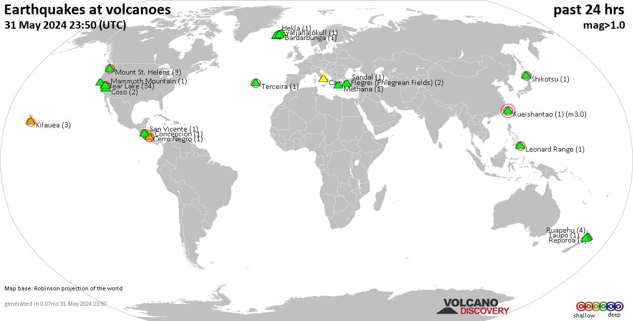 World map showing volcanoes with shallow (less than 50 km) earthquakes within 20 km radius  during the past 24 hours on 31 May 2024 Number in brackets indicate nr of quakes.