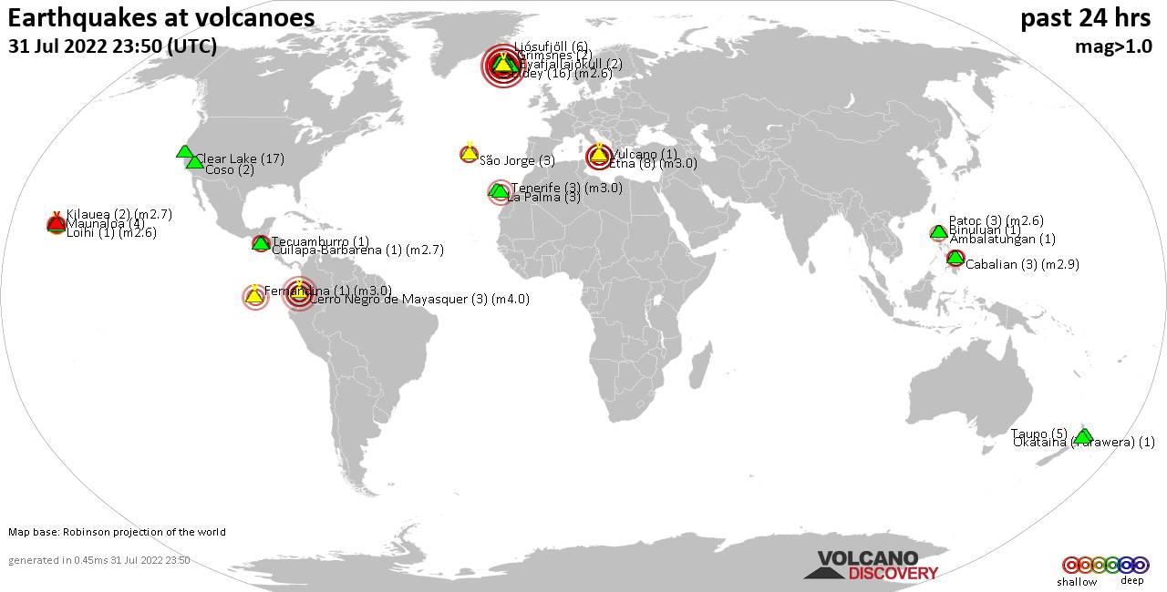 World map showing volcanoes with shallow (less than 50 km) earthquakes within 20 km radius  during the past 24 hours on 31 Jul 2022 Number in brackets indicate nr of quakes.