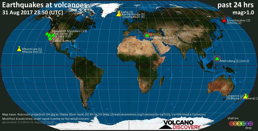 World map showing volcanoes with shallow (less than 20 km) earthquakes within 20 km radius  during the past 24 hours on 31 Aug 2017 Number in brackets indicate nr of quakes.