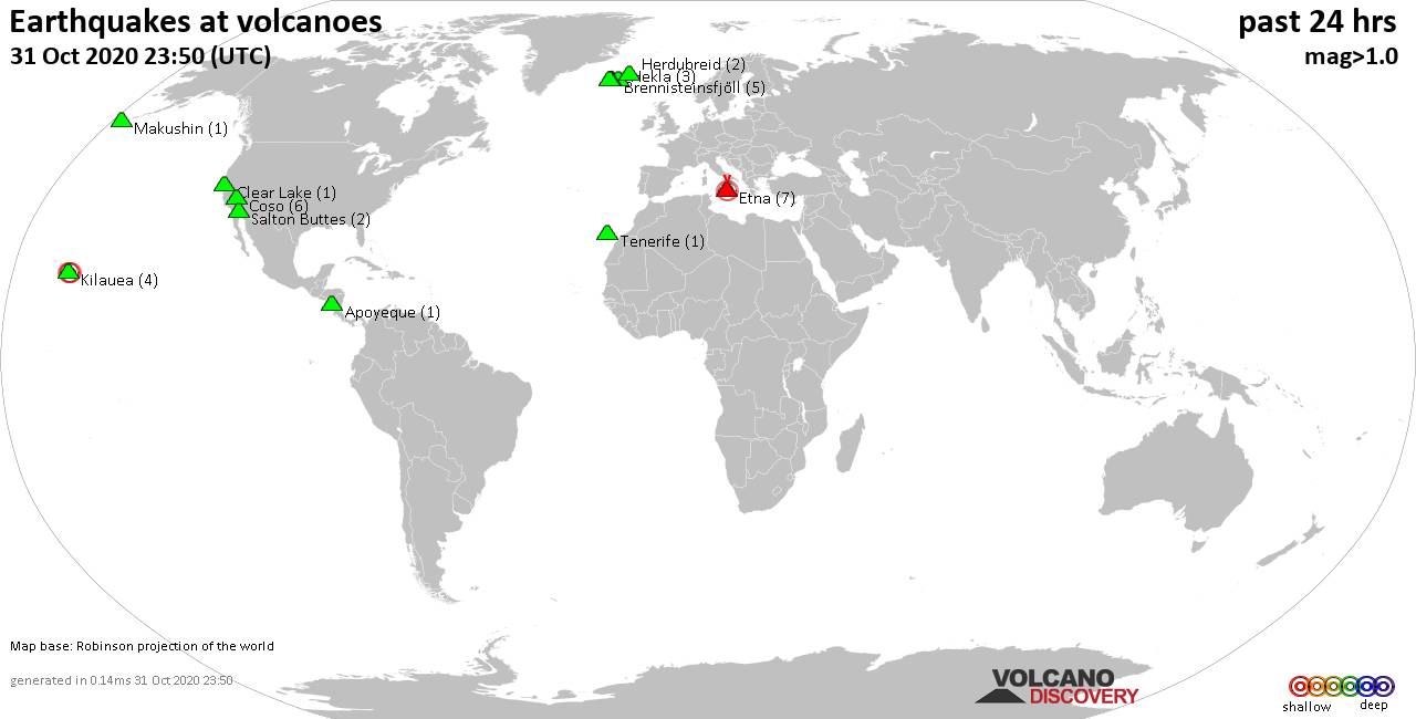 World map showing volcanoes with shallow (less than 20 km) earthquakes within 20 km radius  during the past 24 hours on 31 Oct 2020 Number in brackets indicate nr of quakes.