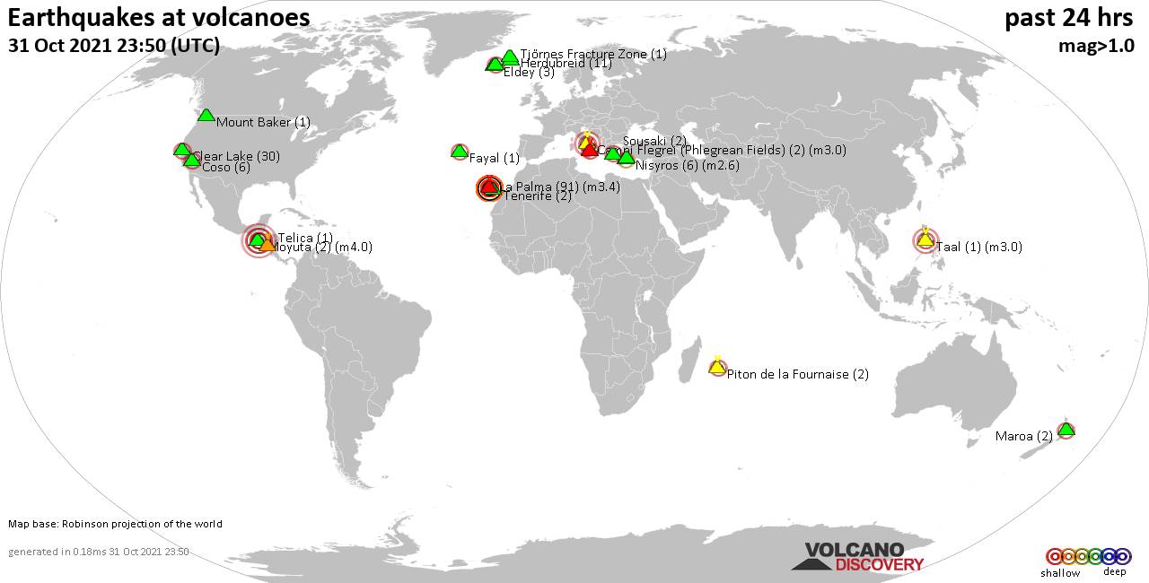 World map showing volcanoes with shallow (less than 20 km) earthquakes within 20 km radius  during the past 24 hours on 31 Oct 2021 Number in brackets indicate nr of quakes.