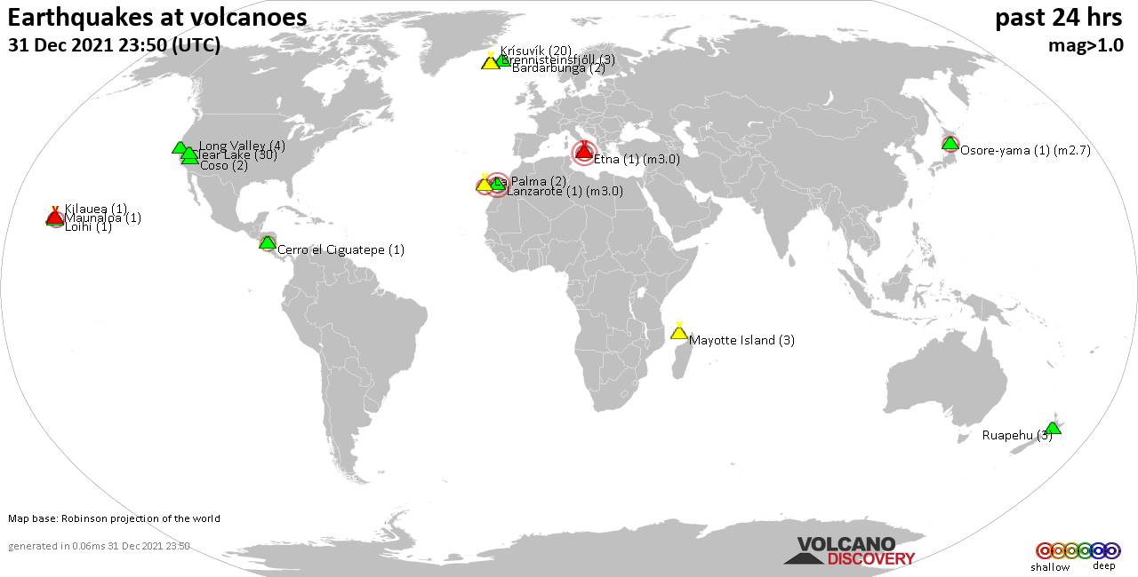 World map showing volcanoes with shallow (less than 50 km) earthquakes within 20 km radius  during the past 24 hours on 31 Dec 2021 Number in brackets indicate nr of quakes.