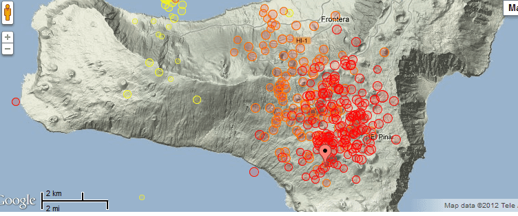 location of recent quakes (red=past 24 hours)