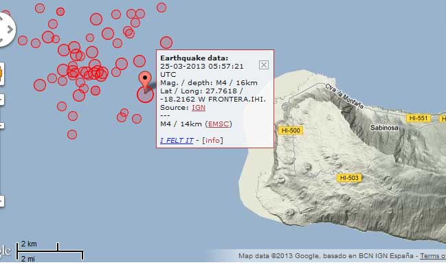 Map of today's earthquakes (more than 50 quakes above mag 2, about 20 quakes >M3, and one  of M4)