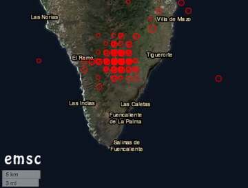 Quakes on La Palma apparently arranged on a grid - this is due to the rounding of latitude / longitude values (image: EMSC)