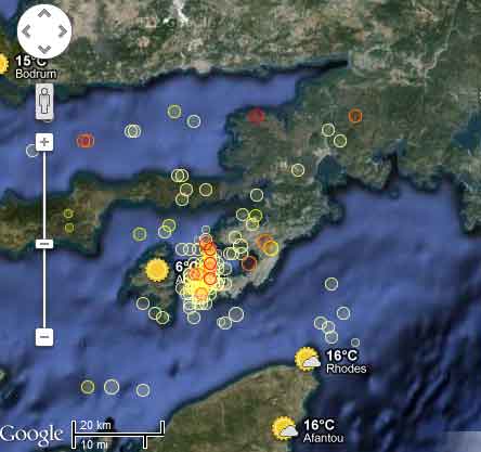 Location of earthquakes during Dec 2012 between Simi and Turkey