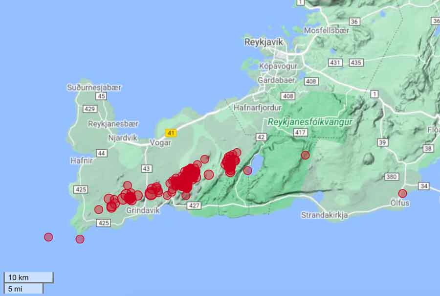 Earthquakes on the Reykjanes peninsula during the past 24 hours