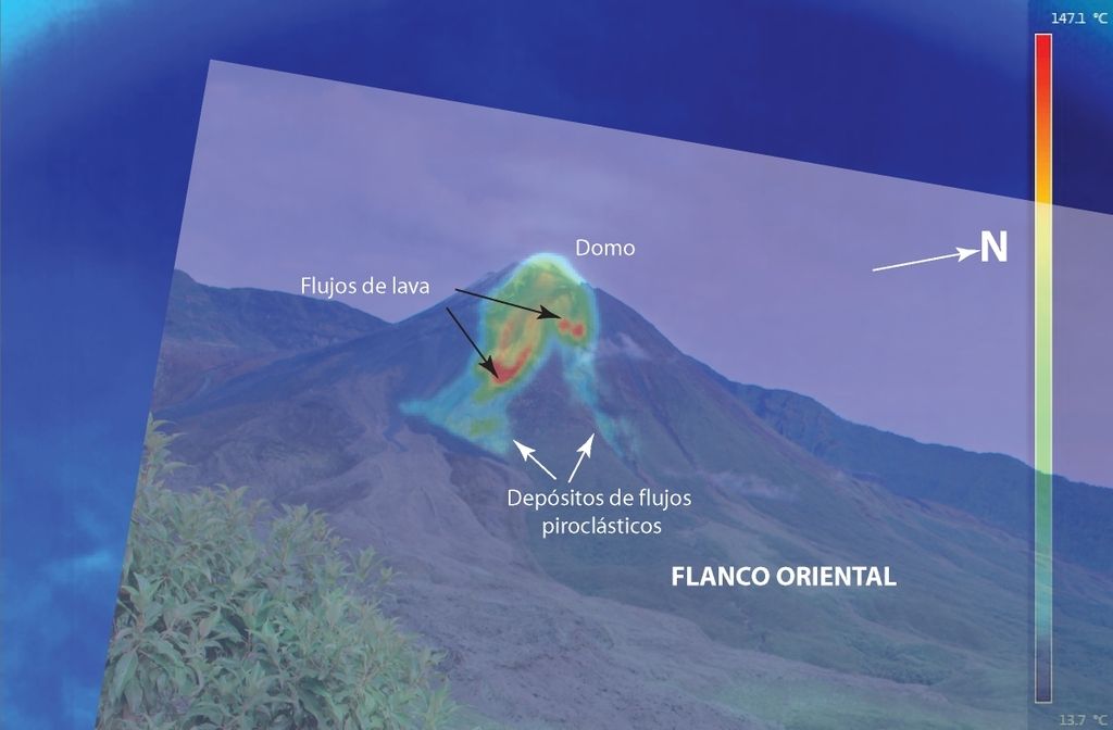 Overlaying of thermal and visible images showing the new lava flows on Reventador (image: F. Vásconez , IG)