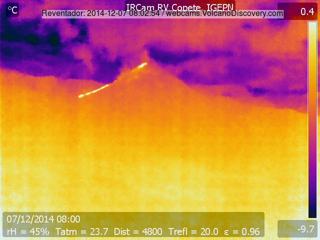 Reventador's new lava flow seen with infrared webcam this morning