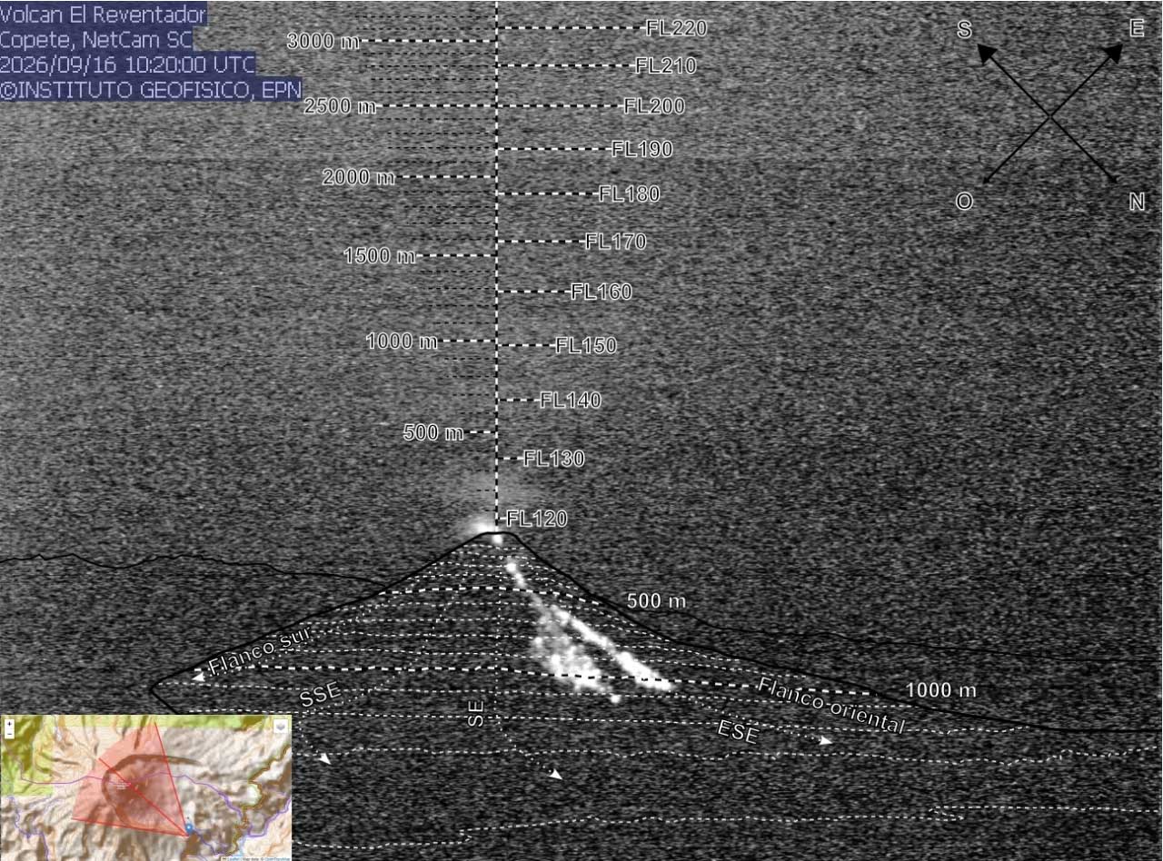 Glowing avalanche at Reventador volcano on 16 Sep 2026 (image: IGPEN webcam)